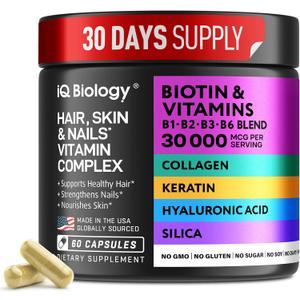 Biotin for Hair Growth Women & Men with Keratin, Collagen Complex 30000 mcg  Capsules for Hair Loss & Stronger Thickness  Skin & Nails Vitamins, Biotin 10000mcg and Collagen Supplements - 60 Pills