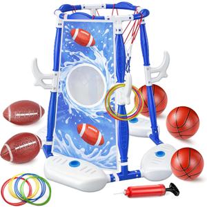 Pool Basketball Hoop, 3-in-1 Floating Basketball Hoop & Football Ring Games with 5 Balls 12 Rings and Pump, Outdoor Family Party Water Swimming Pool Basketball Toys for Kids Ages 4-8 8-12
