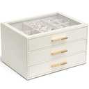 VLANDO Jewelry Box for Women, 3-Layer Jewelry Organizer with Drawers, Glass Lid Display Jewelry Storage, Soft PU Leather Exterior, Contrast Gold Metal Handles, Refined Style - Cloud White