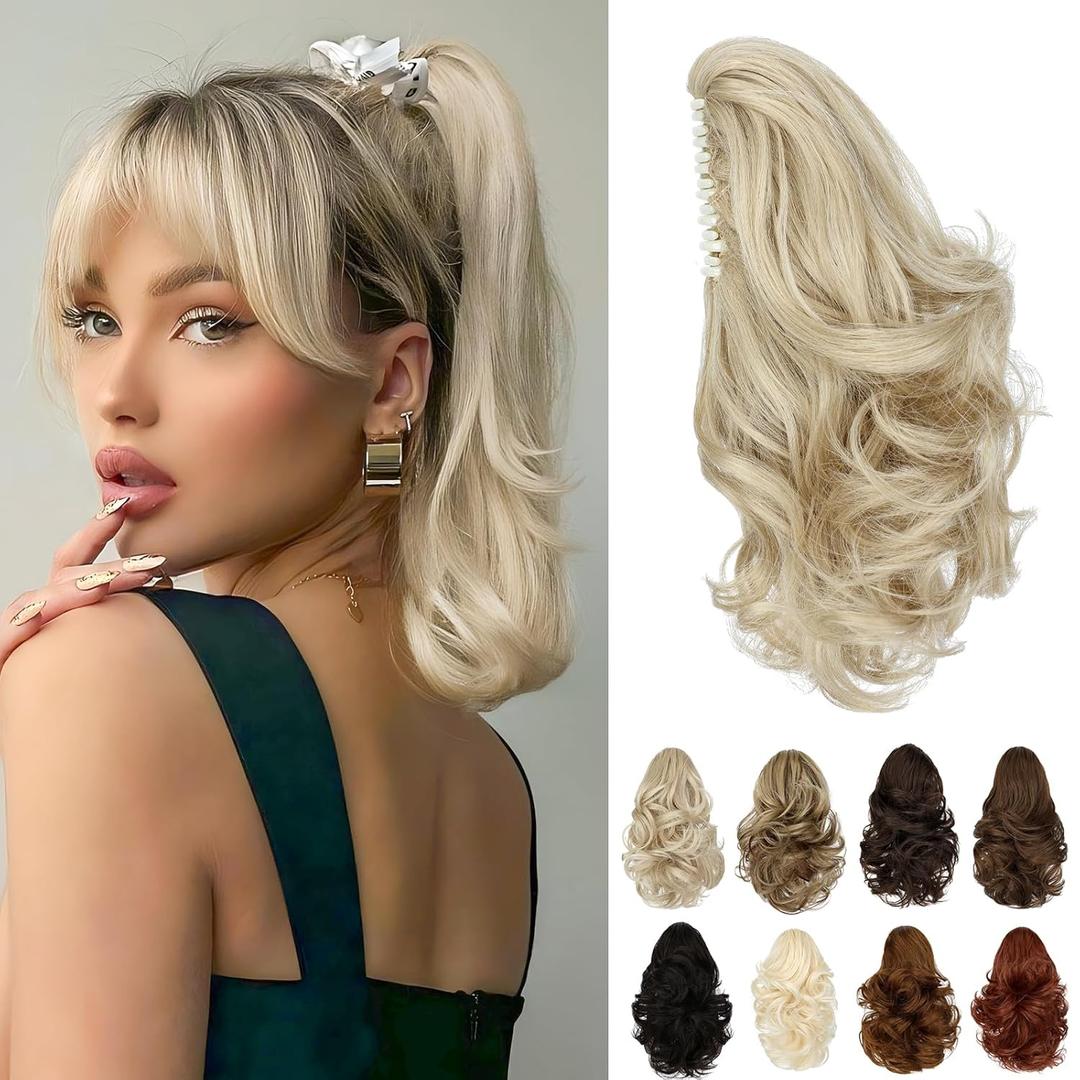 Ponytail Extension 10" Claw Clip Short Wavy Pony Tails Ash blonde mix Bleach Blonde Natural Looking Synthetic Hairpiece for Women