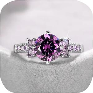 Classic 925 Sterling Silver Engagement Ring for Women Purple Round Diamond Cut Halo Promise Ring Cubic Zirconia Created Gemstone CZ Rings Anniversary Wedding Cocktail Statement Jewelry Gift(Size 8)