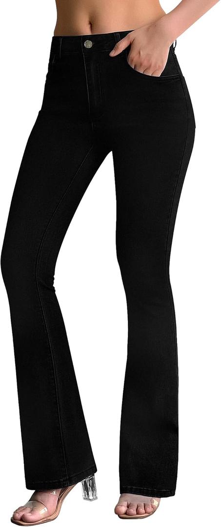 roswear Women's Trendy Stretchy Flare Jeans Mid Rise Bootcut Curvy Denim Pants (Large, Black)