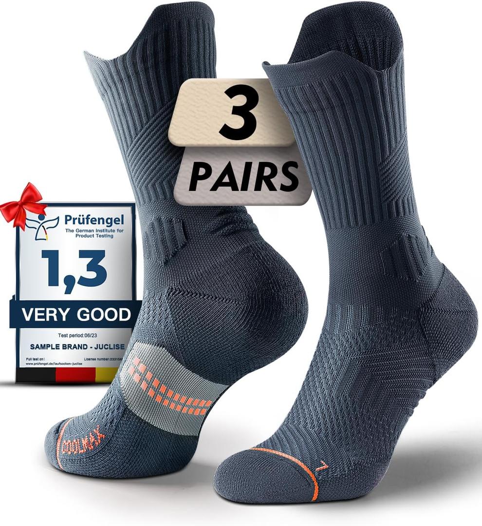 Juclise Compression Crew Running Socks, Summer Coolmax Bamboo Viscose Moisture-Wicking Anti-Blister Padded Athletic Hiking, XL