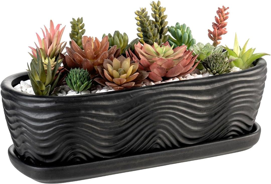 MyGift 13.5 inch Succulent Planter Pot, Oval Modern Ceramic Plant Box Container with Wave Textured Pattern and Removable Saucer Drip Tray (Black)