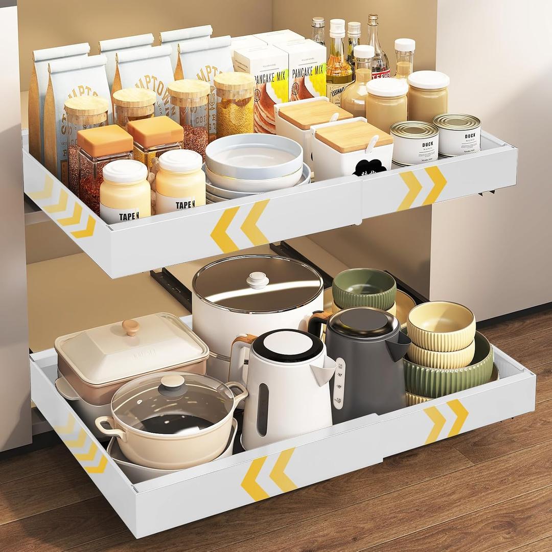 FILTA 2Pack Expandable Pull Out Cabinet Organizer, 21" Deep Slide Out Drawers for Kitchen Cabinets, Heavy Duty Roll Out Shelves with 3-Rail Silent Glide, No-Drill Adhesive or Screw Install, White