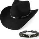 100% Wool Men's Women's Western Cowboy Hat Classic Black Cowgirls Hats Fedora Hat Felt with Two Decorative Bands (Medium-Large)