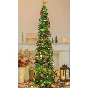 SINTENILL 6 FT Pop Up Christmas Tree with 100 LED Timer Lights & Remote, Green Collapsible Christmas Tinsel Tree Artificial Pencil Tree Xmas Decoration for Holiday Home Office Party, USB Powered