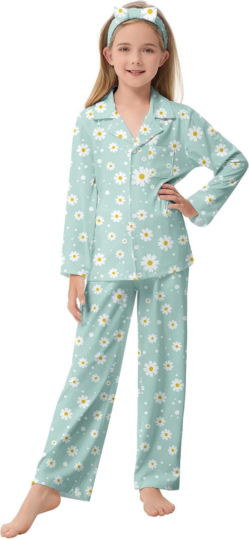 CARETOO Kids Pajamas Girl Button down Long Sleeve Long Pants with Headband Girls' Pajama Sets Green Daisy Nightwear Sleepwear Gift Girls Pajamas Size 10-12