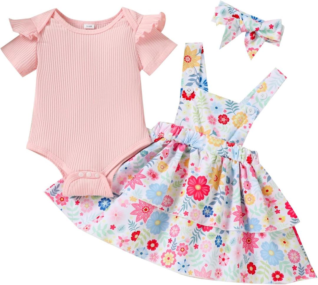 Baby Girl Summer Clothes Outfits Short Sleeve Cute Romper Overall Skirt Dress Headband 3PCS Newborn Outfit (Pink),  0-3 Months