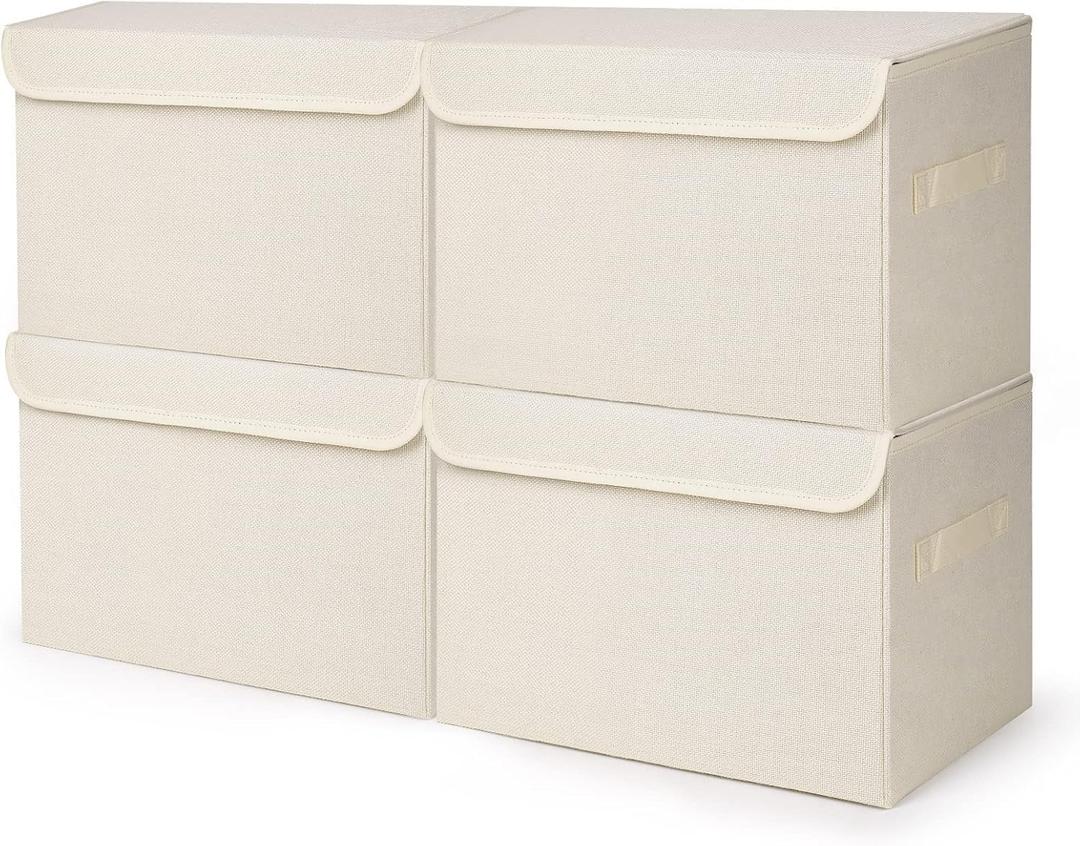 Bagnizer Large 22 Quart [4-Pack] Linen Fabric Foldable Storage Bin Cube Organizer Basket with Flip-Top Lid & Handles, Clothes Blanket Box for Home, Office, Closet (14.6 x 9.5 x 9.5, Beige)