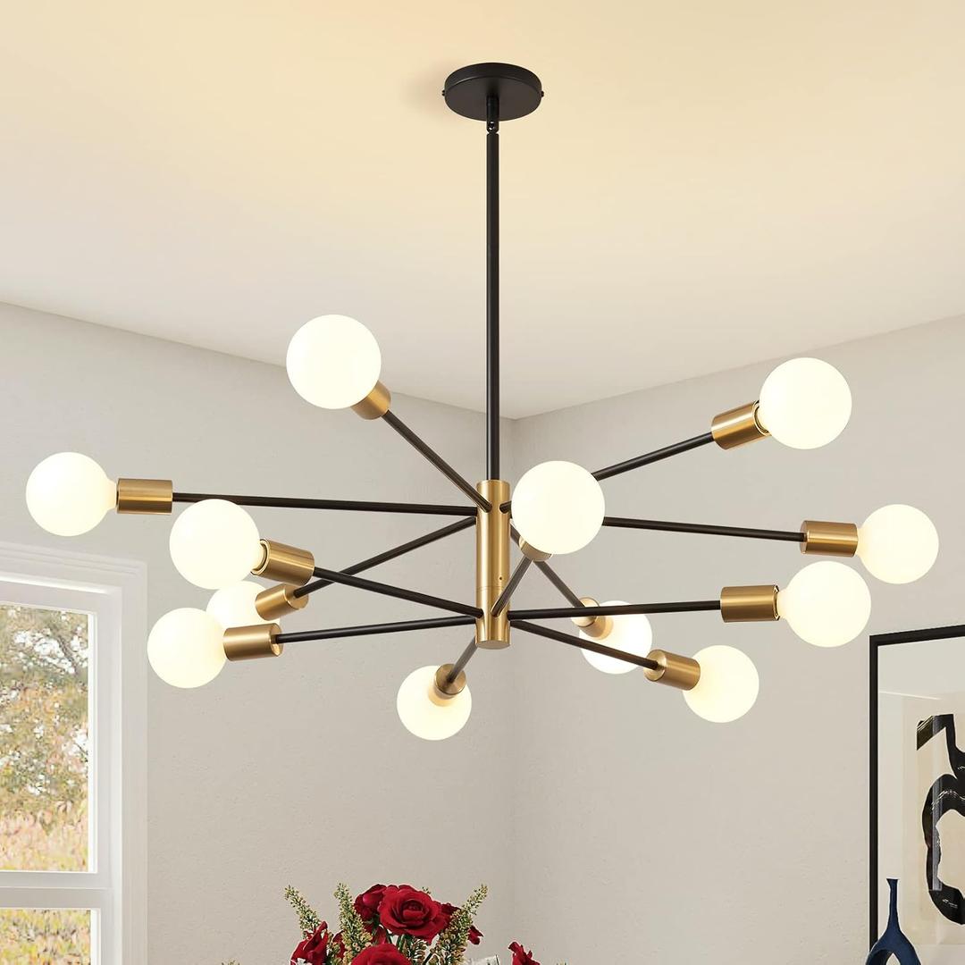 KAISITE Modern Chandelier 12-Light Sputnik Chandeliers Black and Gold Chandelier Light Fixtures for Dining Room Over Table Mid Century Height Adjustable High Ceiling Kitchen Farmhouse Chandelier