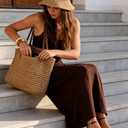 STALOV Strappy Flat Sandals for Women Square Open Toe Leather Ankle Strap Flats Sandals Comfortable Beach Summer Shoes (Brown, 7)