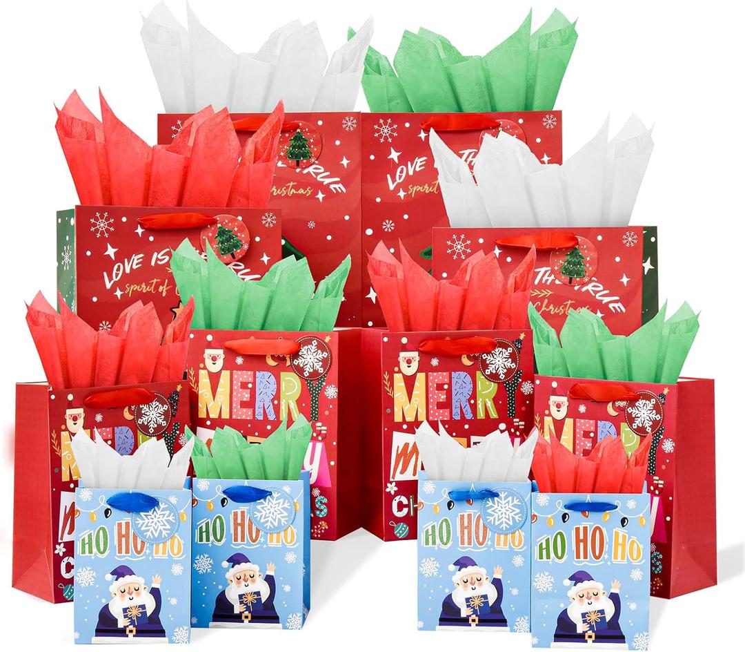 12Pack Christmas Gift Bags Assorted Sizes With Tissue paper(12 Bags: 4 Small 6", 4 Medium 9", 4 Large 13") for Friends, Family, Teachers, Coworkers, Christmas Gift Bag Assorted Sizes Bulk Set