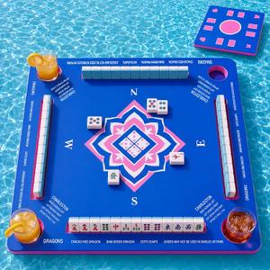32x32'' Floating Mahjong Table for Pool, Double-Sided Mahjong/Poker Board | Non-Inflatable Waterproof EVA Foam Game Mat for Cards, Dominoes, Tile Grooves, Hot Tubs and Pool Parties, 4 Cup Holders