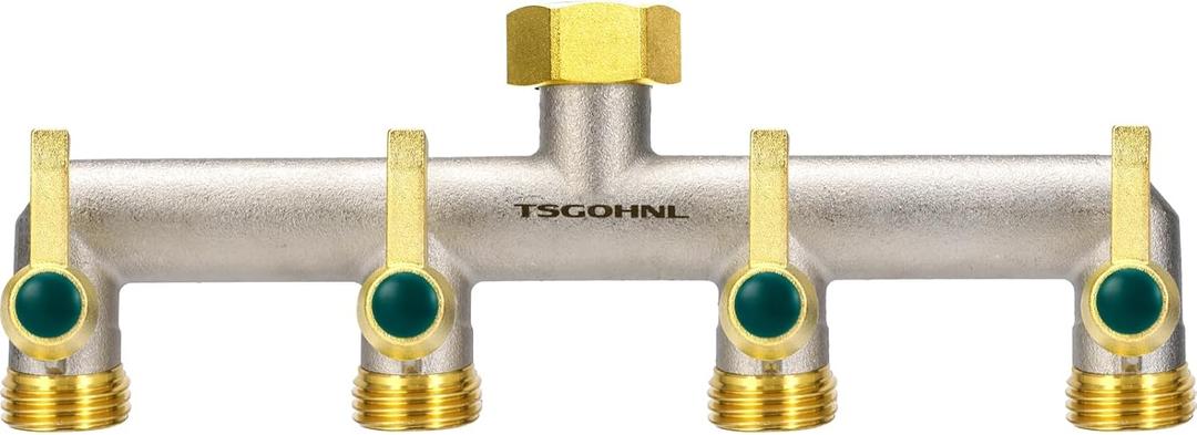 Brass Garden Faucet Splitter, 4-Way Hose Splitter with 4 Extended Metal Handles, Outdoor Hose Divider, Heavy Duty Nickel Plated, GHT 3/4-Inch Heavy Duty Hex Female Inlet and 3/4-Inch Male Outlet