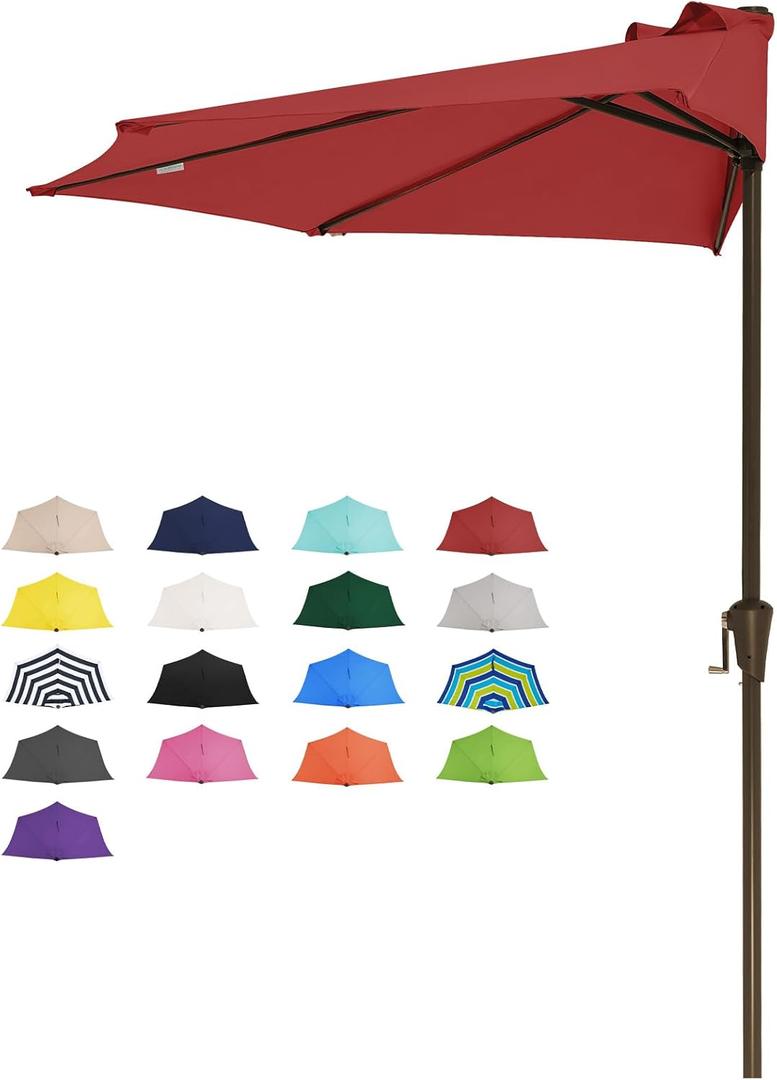 JEAREY 9ft Half Umbrella Outdoor Patio Umbrella Market Umbrellas with Crank, 1/2 Round Wall Umbrella 5 Sturdy Ribs UV Protection for Pool Garden Balcony Deck, Red