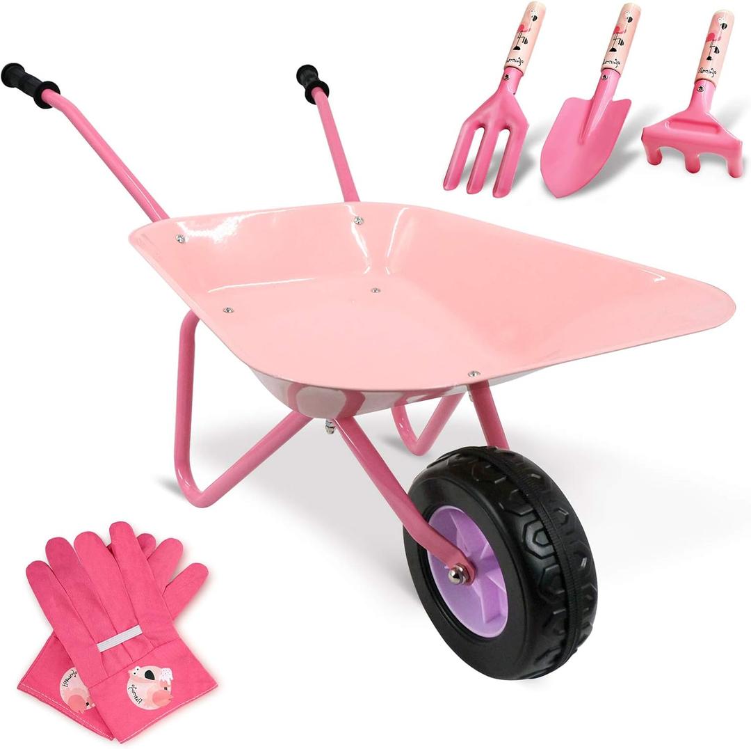Kids Wheelbarrow Set Metal, Pink Child Wheel Barrel and Kids Gardening Tools Toddler, Garden Toys with Small Wheel Barrow, Outdoor Indoor Toys Gift for Girls