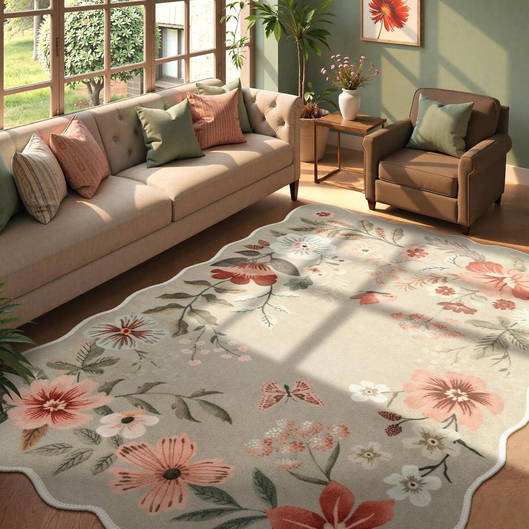 Lahome Floral Washable 6x9 Area Rugs, Soft Bedroom Rug for Living Room Ultra-Thin Non Slip Dining Room Rug, Stain Resistant Boho Rugs Easy Clean Throw Carpet for Office Flore