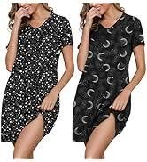 Marvmys Women 2 Pack Nightgowns Soft Short Sleeve Nightshirts V Neck Comfy Lounge Dress Sleep Shirts Black Starry Sky&Moon Print M