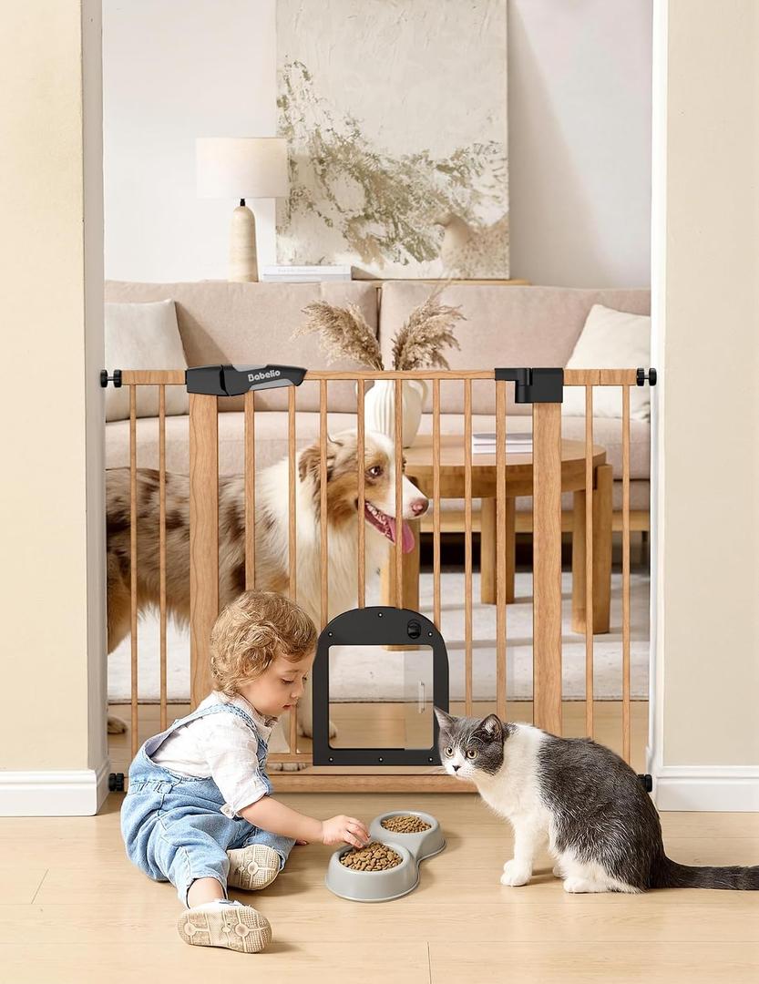 Babelio CatPrivilege Baby Gate with Cat Door, 29"-43" Adjustable Brown Wood Pattern Pet Door, 30" Tall Pressure Mounted Safety Gate for Stairs & Doorways, Auto Close,Wall Protectors Included