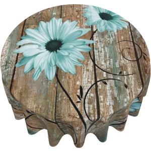 Giwawa Rustic Daisy Round Tablecloth 60 Inch Vintage Teal Sunflowers Wooden Board Circle Table Cover Shabby Chic Flower Barnwood Table Cloth Washable for Dining Kitchen Parties Cabin Decor
