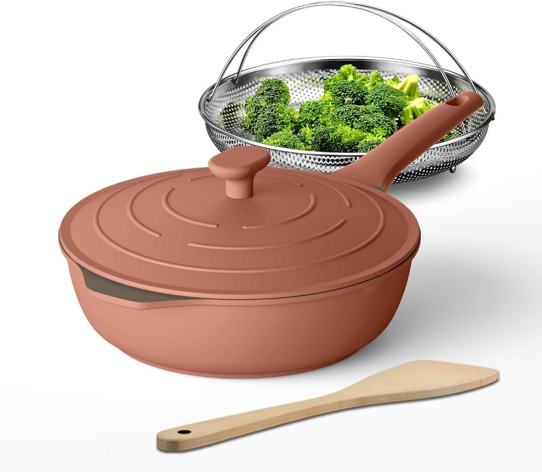 Always Nonstick Multipurpose Saute pan,All-in-One Pan,Large Skillet with Strainer,Deep Frying Pan with Lid(11-inch), PFOA Free non stick,Dishwasher and Oven Safe (Terracotta) (4pc)
