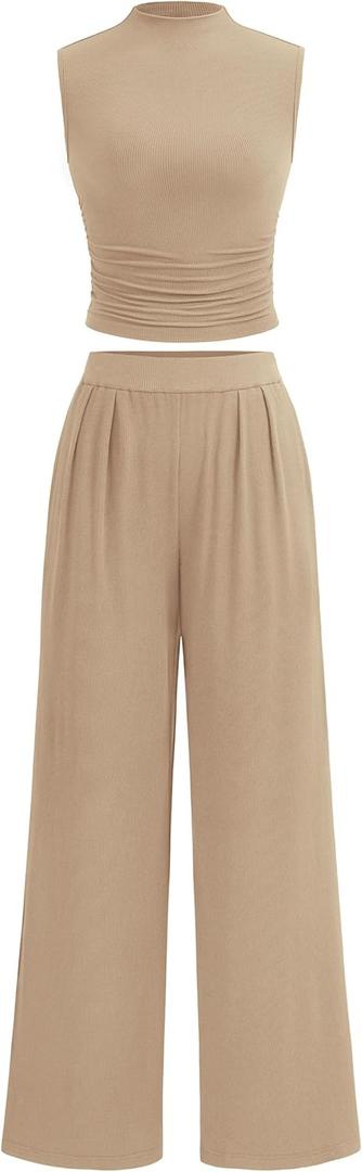 PRETTYGARDEN 2 Piece Sets for Women Summer 2025 Airport Travel Outfits Crop Tank Tops Wide Leg Pants Matching Lounge Sets (Khaki, XX-Large) 