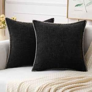 MIULEE Pack of 2 Couch Throw Pillow Covers 20x20 Inch Black Farmhouse Decorative Pillow Covers with Stitched Edge Soft Chenille Solid Dyed Spring Pillow Covers for Sofa Bed Living Room