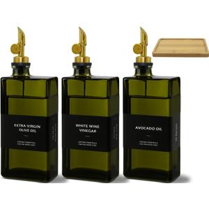 Olive Oil Dispenser Bottle for Kitchen with Bamboo Tray- Glass Oil and Vinegar Dispenser Set 16.9oz, Soy Sauce & Syrup Bottle, Modern Hostess Gift (Green, 16.9oz, Set of 3)