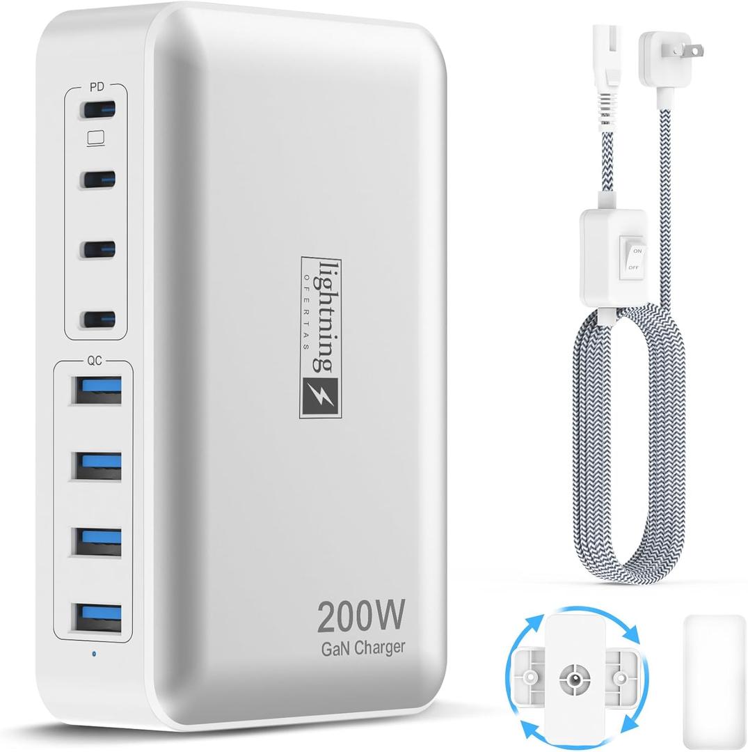 200W Charging Station for Multiple Devices, 8-Port USB C Charger Block Fast Charging, 65W Type C GaN Power Adapter For Cellphones, Tablets, Laptops, Multi Chargers USB Hub Flat Plug
