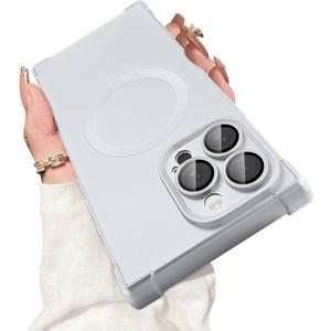 Magnetic for iPhone 14 Pro Case Rectangle, with Camera Lens Protector, Compatible with MagSafe, Shockproof Military-Grade Protection, Soft Silicone Cover for Women Men, Silver