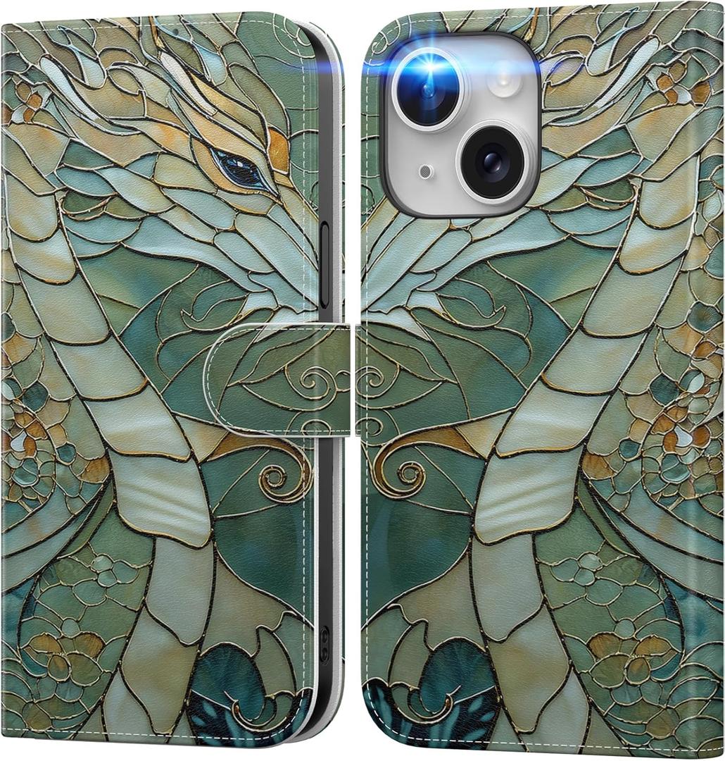 DEENAKIN for iPhone 14 Wallet Case with Card Holder + Cash Clip, RFID-Blocking, Military-Grade Drop Protection & UV-Printed Artwork, Magnetic Closure with Leather Kickstand - an Abstract Dragon