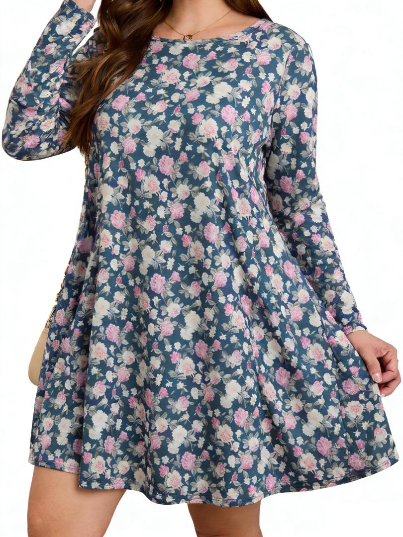 BLANCHES Plus Size Floral Dress for Women Long Sleeves Crew Neck Casual Dresses Empire Waist Swing Cute Tiered Loose A-Line Flowy Dress with Pockets
