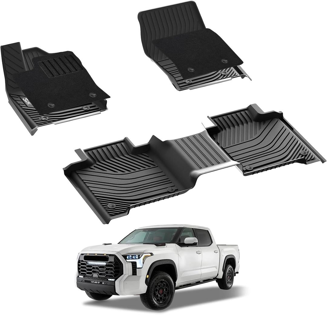 3W Floor Mats & Front Carpets Fit 2022-2026 Toyota Tundra (Only for CrewMax Cab), SR/SR5/TRD PRO/Limited/Platinum/Castone Custom Fit All-Weather TPE Front & Rear Row Floor Liner Black