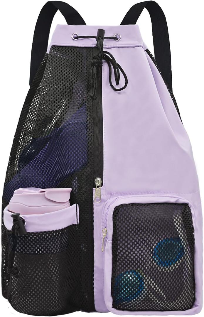 Mesh Beach Backpack with Wet Pocket Drawstring Pool Bag Waterproof Swimming Bag Gym Backpack for Men & Women (Purple)