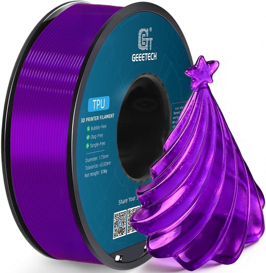 Geeetech TPU Filament 1.75mm, Shore 95A Flexible 3D Printer Filament with High Elasticity, 1KG (2.2lbs) Spool, Dimensional Accuracy 0.03mm, Fits Most FDM Printers (Clear Purple)