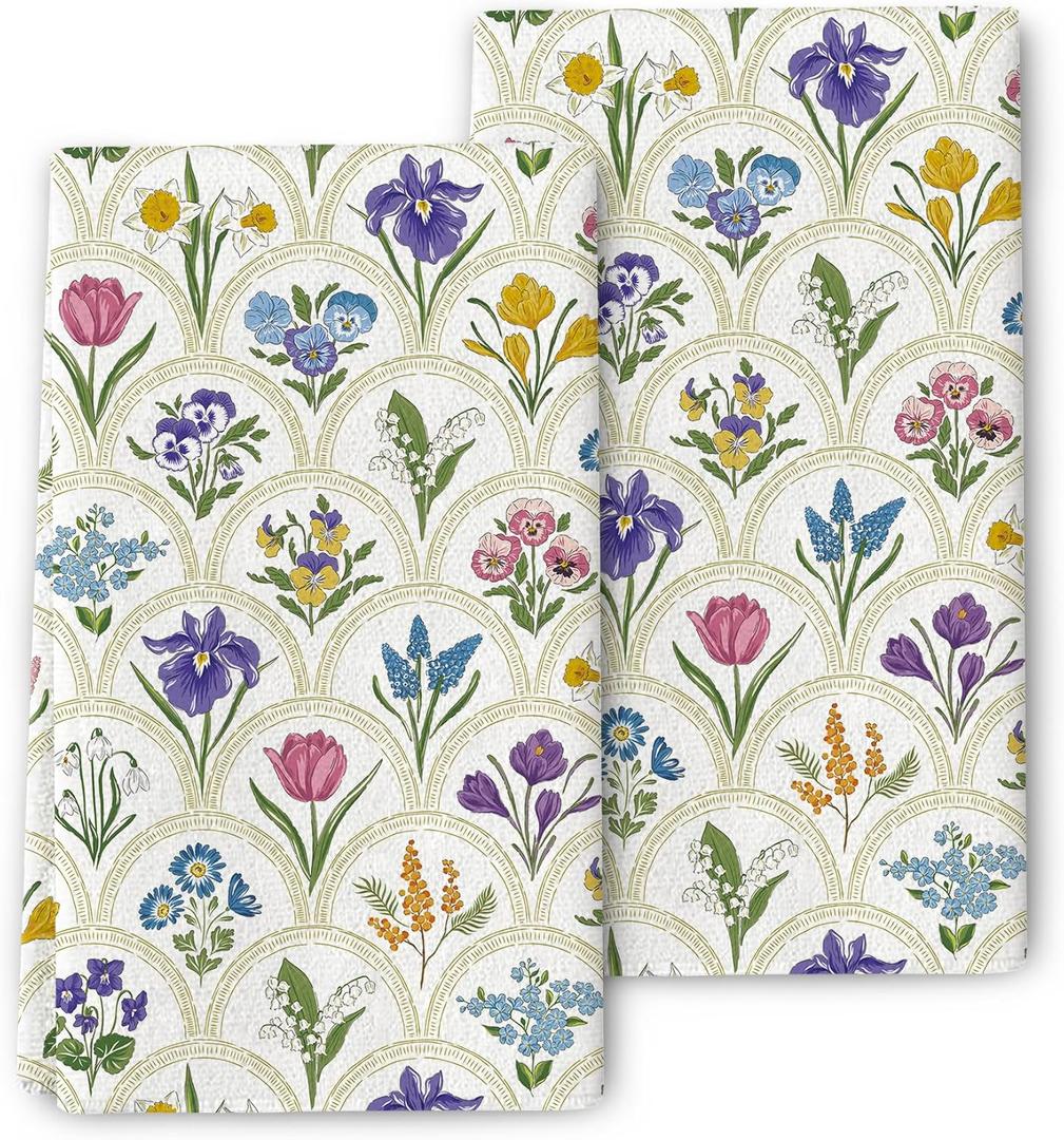 Spring Floral Dish Towels for Drying Dishes 16x24 Inch, Wildflowers Kitchen Towel Decorative Set of 2, Absorbent Soft Summer Flowers Hand Tea Towels for Cooking Baking Farmhouse Spring Decor