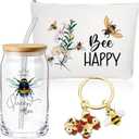 Hushee 3 Pcs Employee Appreciation Bee Theme Gifts for Women Makeup Bag and Glass Cup with Lid Straw Keychain Thank You Gifts for Back to School Housekeeping Week Staff Volunteer