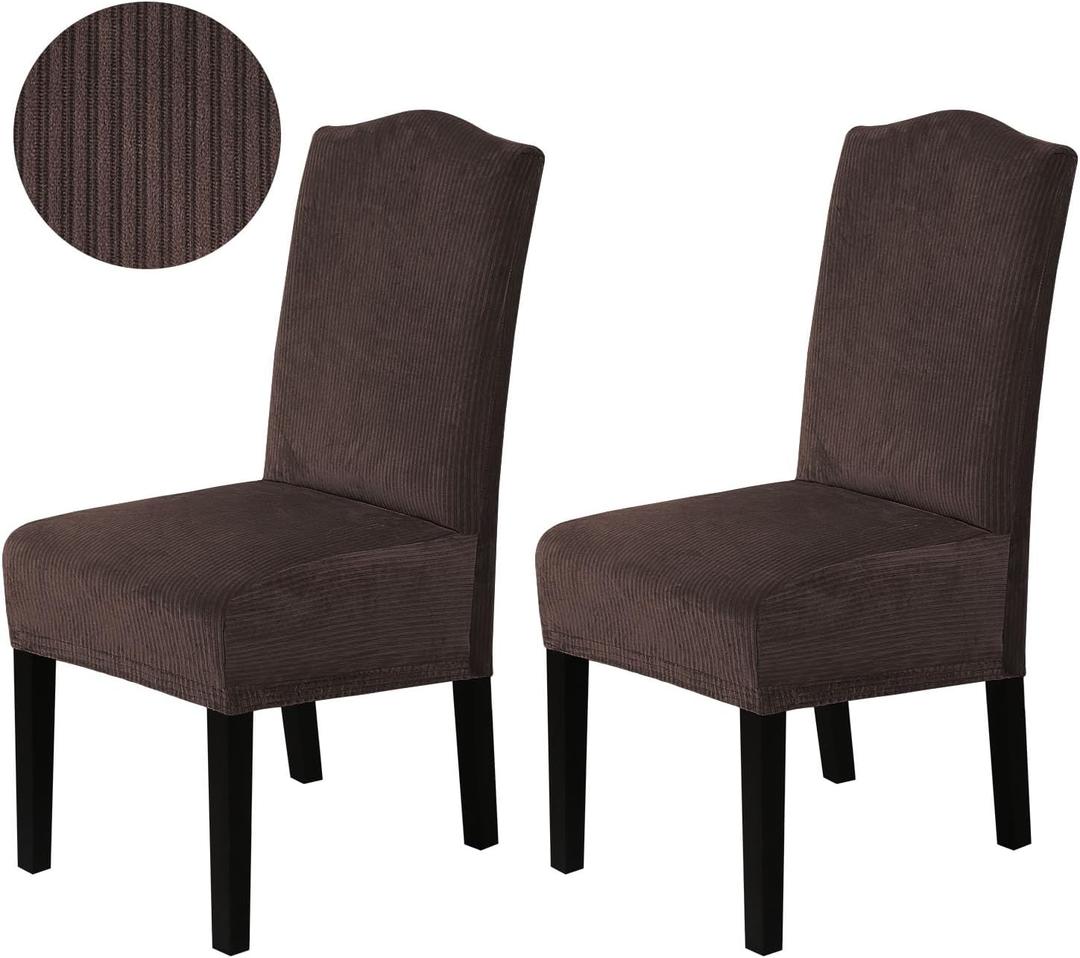 H.VERSAILTEX Velvet Dining Chair Covers Stretch Chair Covers for Dining Room Set of 2 Parson Chair Slipcovers Chair Protectors Covers Dining, Soft Thick Solid Velvet Fabric Washable, Brown Striped