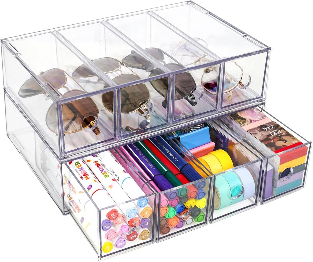 Desk Organizer with 8 Drawers, FODIENS 2 Packs Stackable Desktop Storage Box with Removable Drawer, Clear Sunglasses Organizer Display Case for Stationery Marker Pens Eyeglasses Office Supply