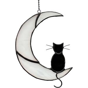 Black Cat Decor On White Moon Stained Glass Window Hanging Suncatcher for Windows Panels Sun Catcher Halloween Ornament Decoration Memorial Gift for Lover Cat Loss