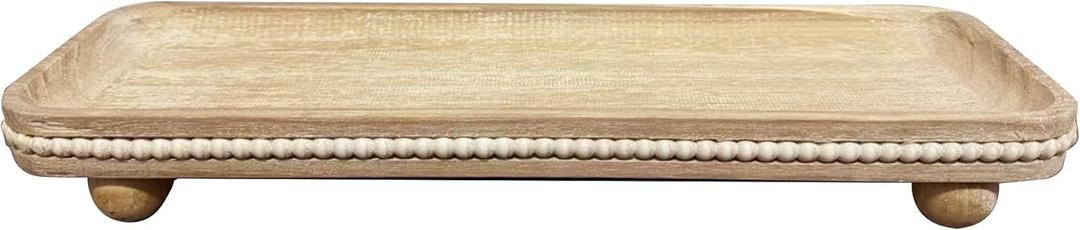 Oval Wooden Decorative Tray, Farmhouse Style, Beaded Serving Tray for Living Room, Coffee Table (White Wash)