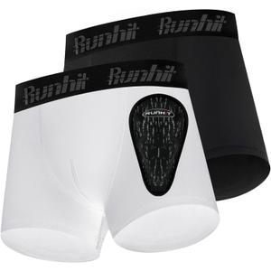 Runhit Boys Baseball Cup Underwear Football Cup Boxer Brief Youth Compression Shorts with Soft Protective Athletic Cup, Black*1 White*1, Medium