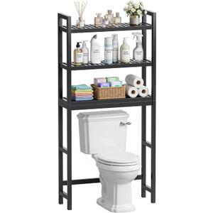 SMIBUY Bathroom Storage Shelf, Bamboo Over-The-Toilet Organizer Rack, Freestanding Toilet Space Saver with 3-Tier Adjustable Shelves (Black), 10.2D x 24.8W x 67H in
