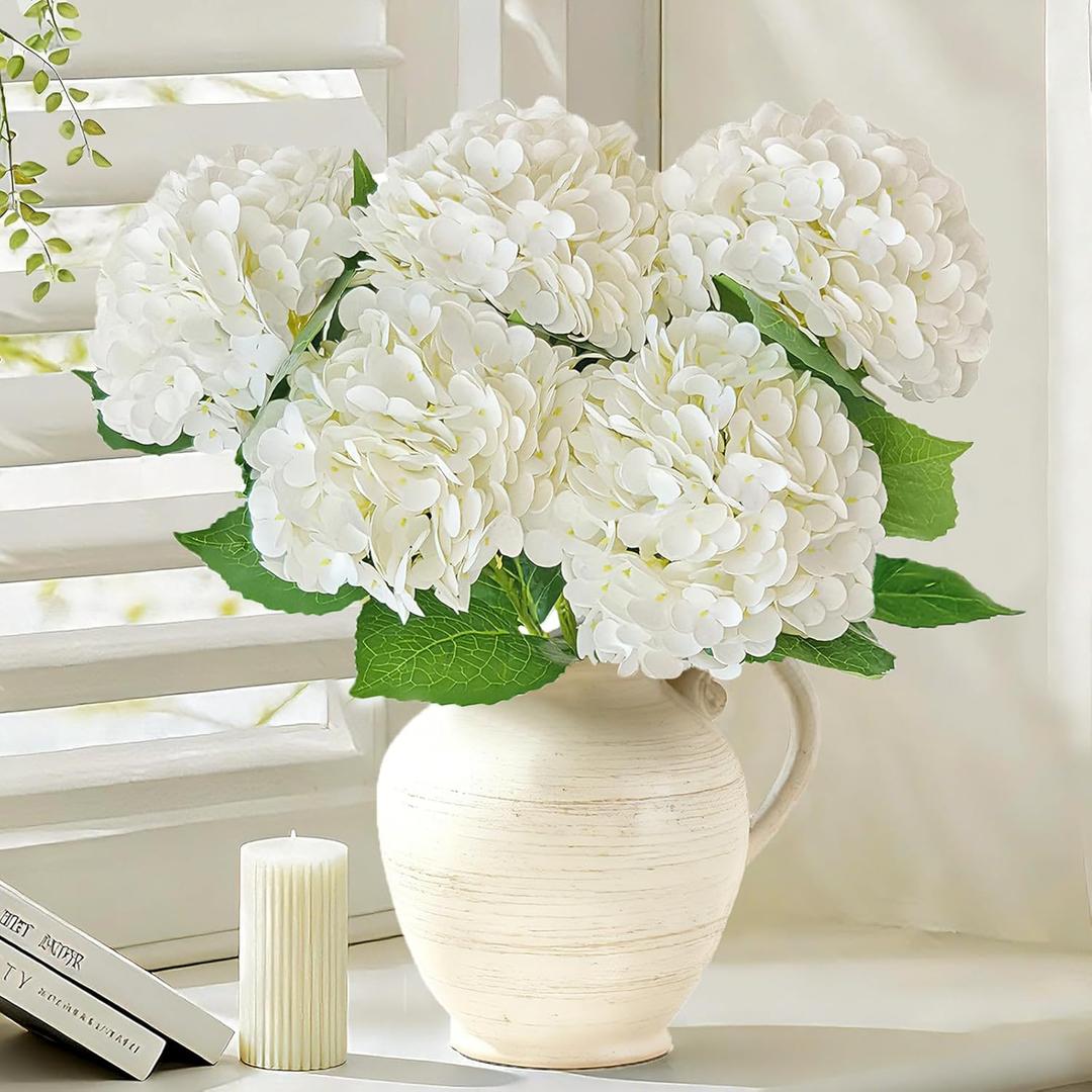 Real Touch White Hydrangea Artificial Flowers with Stems, Fake Silk Flowers for Outdoors, 3 Pcs Artificial Flowers for Home Decor Wedding Bouquets Centerpieces Vase
