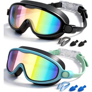Rantizon Swim Goggles 2 Pack, Wide View Anti Fog&UV Swimming Goggles for Audlt, No Leak Pool Beach Essentials for Men Women