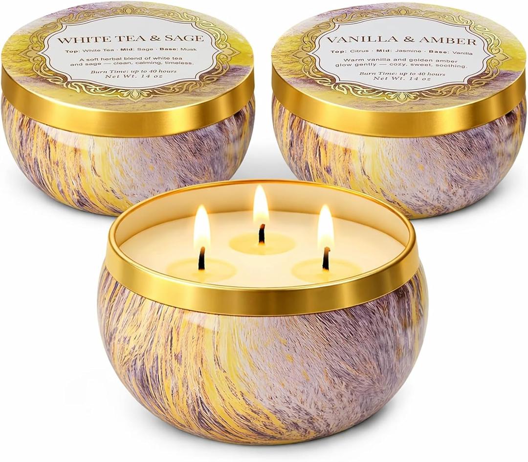 YMing 3-Wick Candle Gift Set, 3 Pack, 14 oz Each, Scented Candles for Home, White Tea & Sage, Vanilla & Amber, Cashmere Cedar