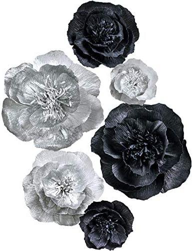 Letjolt Paper Flowers Decorations for Wall Black 3D Artificial Flowers for Wedding Decor Baby Shower Bridal Shower(Silver Black Set 6)