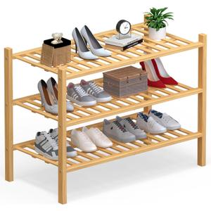 Haddockway Large 3 Tier Bamboo Shoe Rack Storage Organizer, Multifunctional Free Standing Stackable Shoe Shelf with Grid Panel for Closet,Hallway,Entryway,Small Space 27"x12"x21"