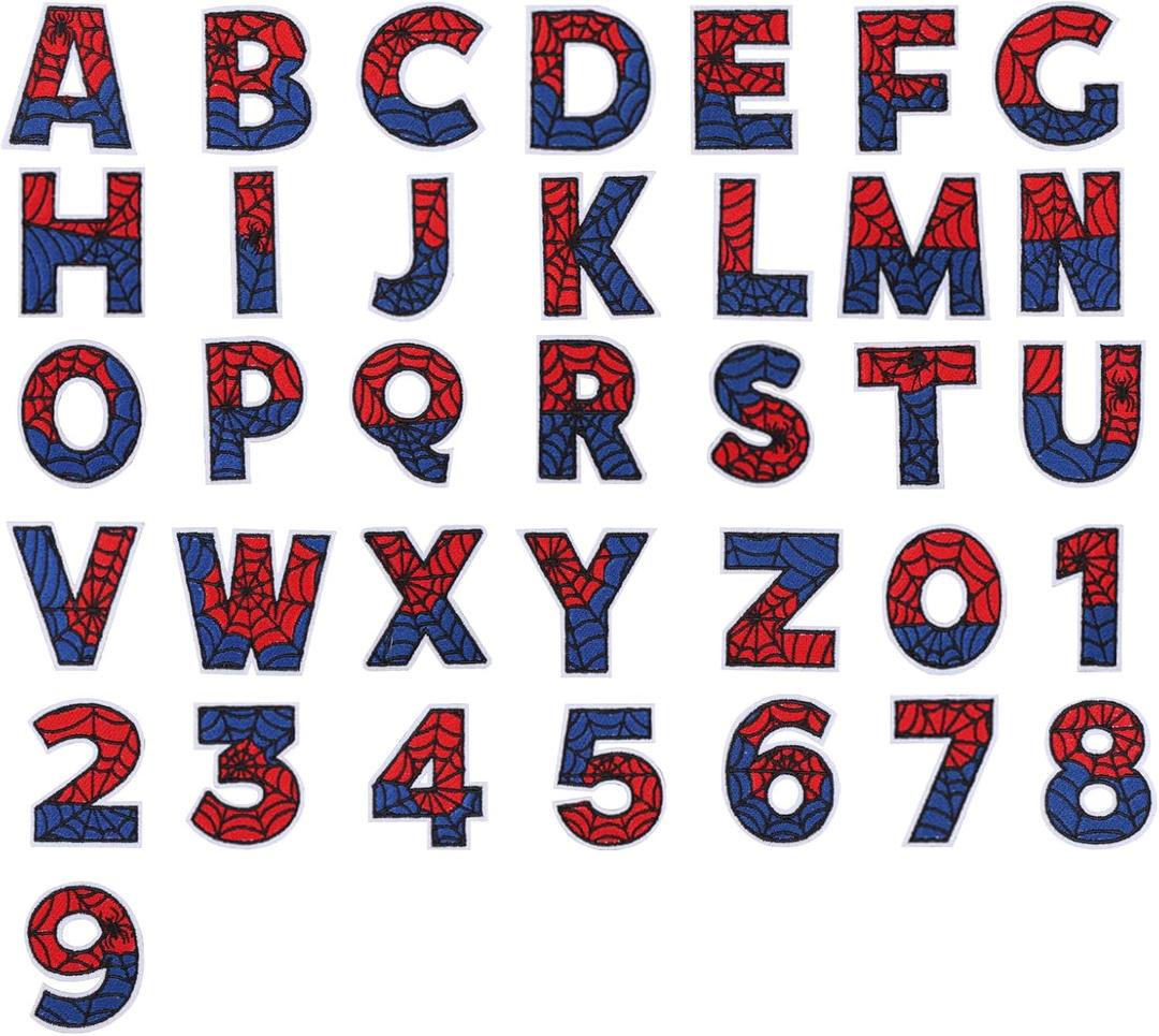 36pcs Iron-On Patches, Comics Cartoon Hero Spider Embroidered Applique Letters and Number Sew On Patches for Boys Kids and Fans, Perfect for Clothes, Hats, Backpacks, Jackets, DIY Craft